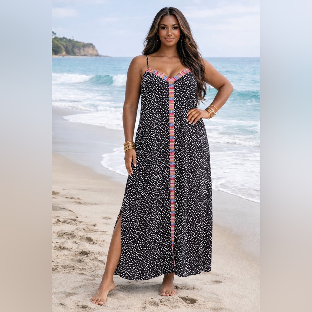 PLUS SIZE SLEEVELESS V-NECK POLKA DOT PRINT EMBROIDERY MAXI DRESS